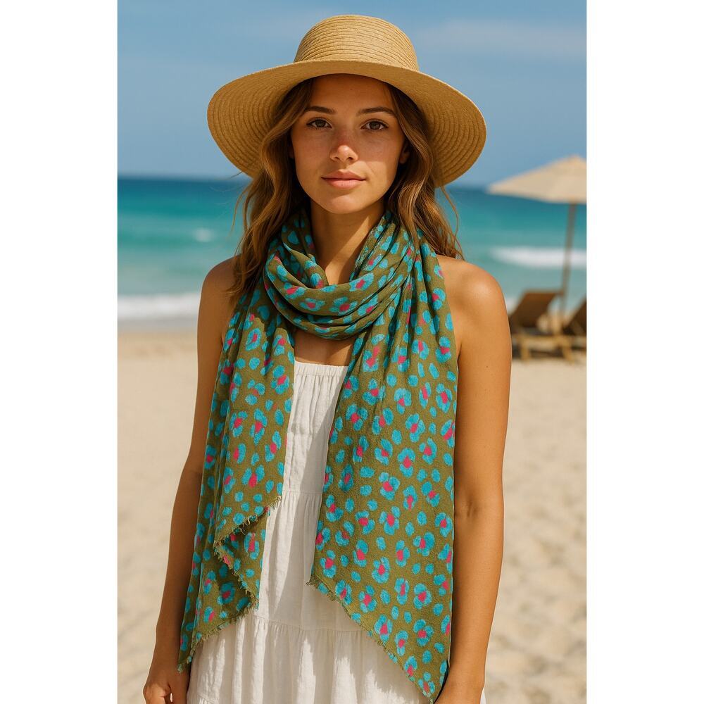 Lightweight Green Leopard Print Scarf Wrap